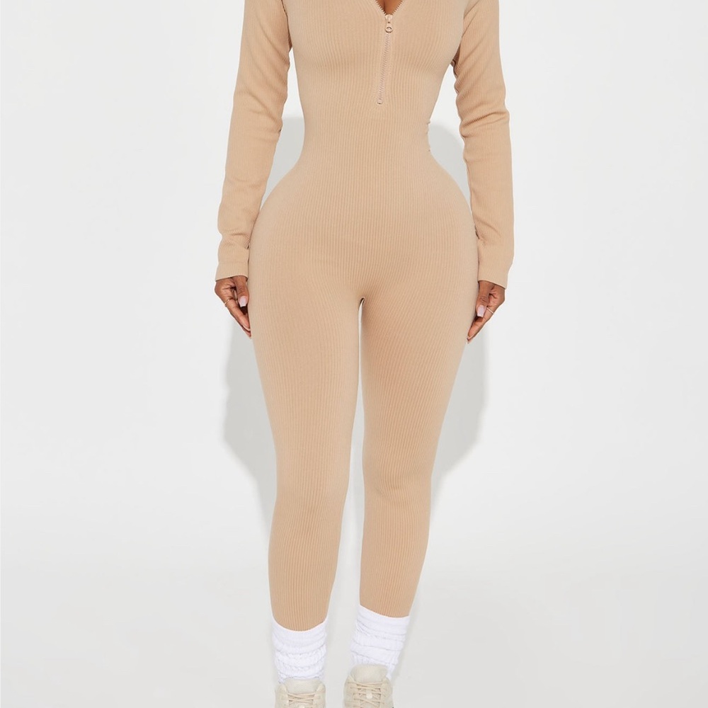 Fashion Nova Beige Long Sleeve Jumpsuit